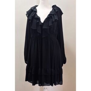 Abercrombie & Fitch Tiered Ruffle Chiffon Black Cocktail Dress V-Neck V-Back‎ LT